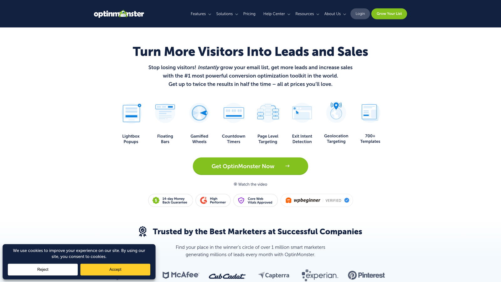 Screenshot of OptinMonster website