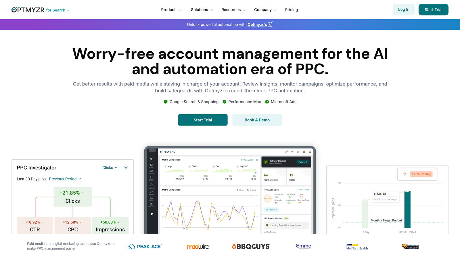 Screenshot of Optmyzr website homepage