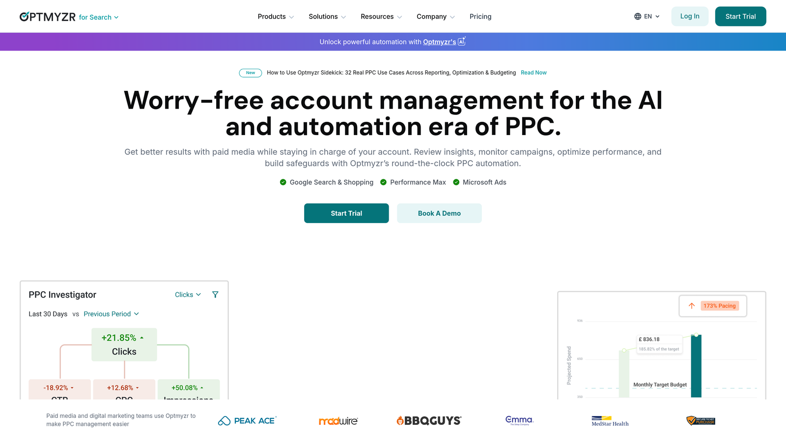 Screenshot of Optmyzr website