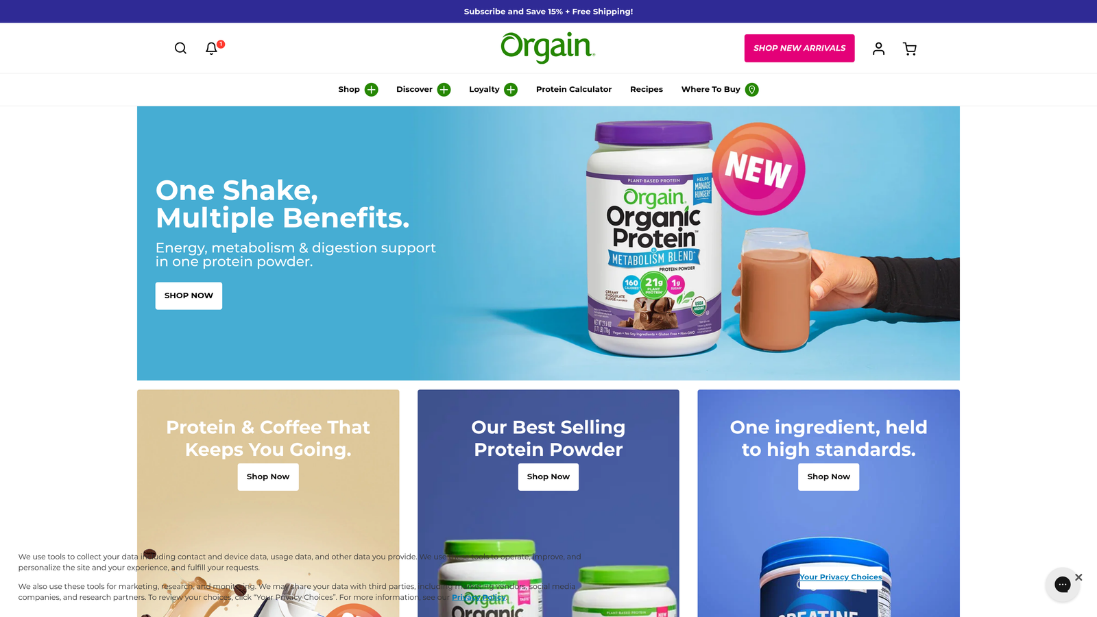 Screenshot of Orgain Organic Protein Powder website