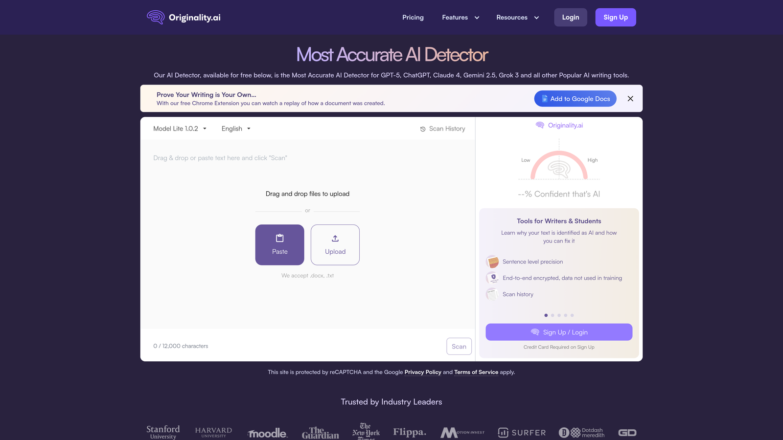 Screenshot of Originality.ai website