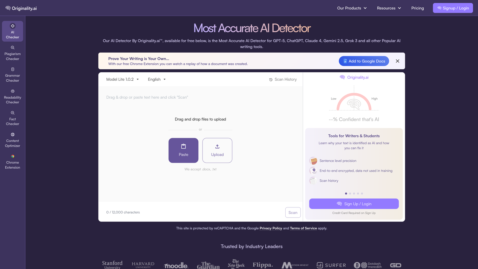Screenshot of Originality.ai website