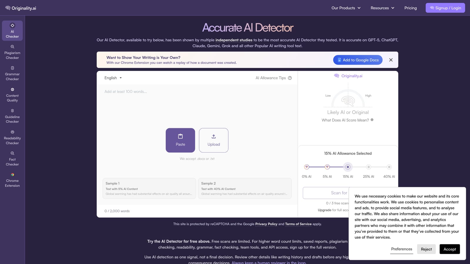 Screenshot of Originality.AI website