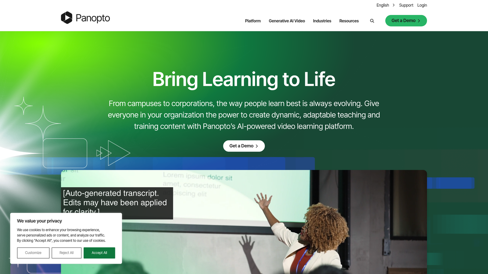 Screenshot of Panopto website homepage