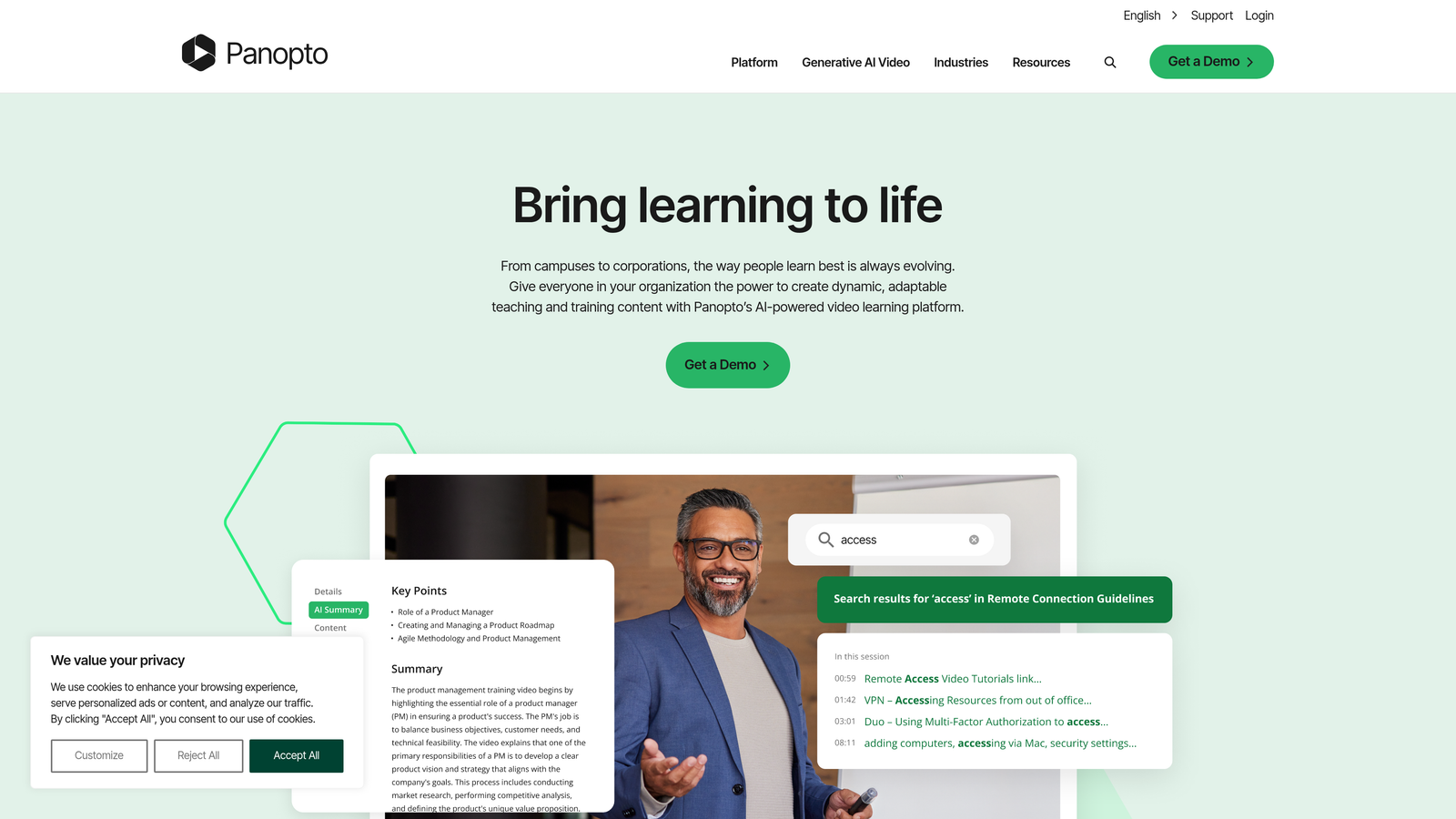 Screenshot of Panopto website homepage