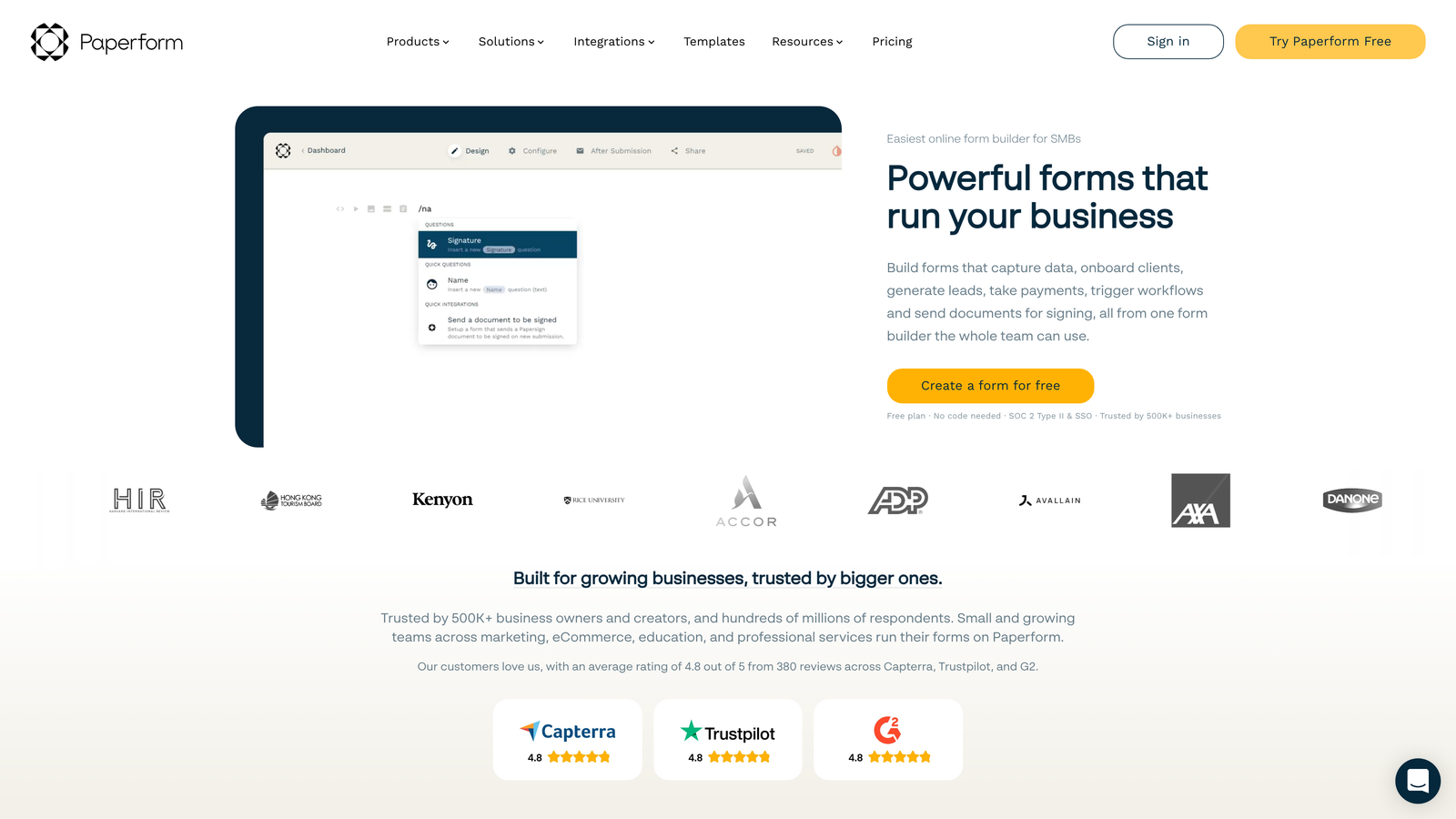 Screenshot of Paperform website homepage