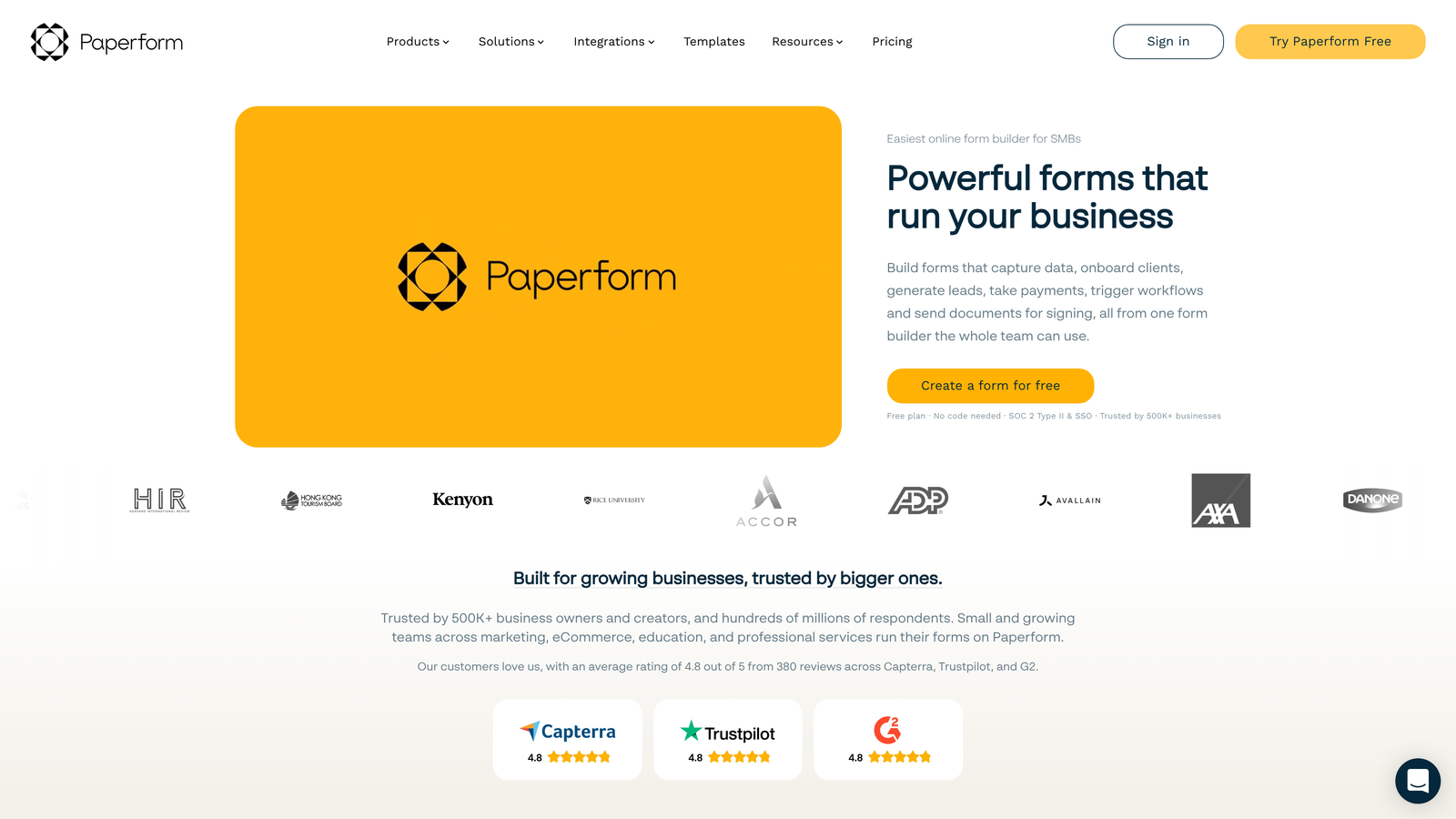 Screenshot of Paperform website