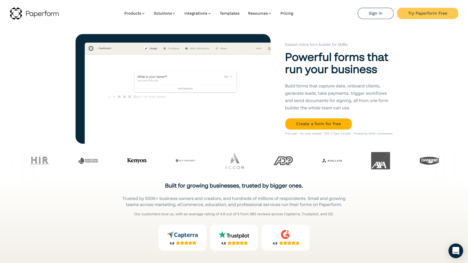 Screenshot of Paperform website