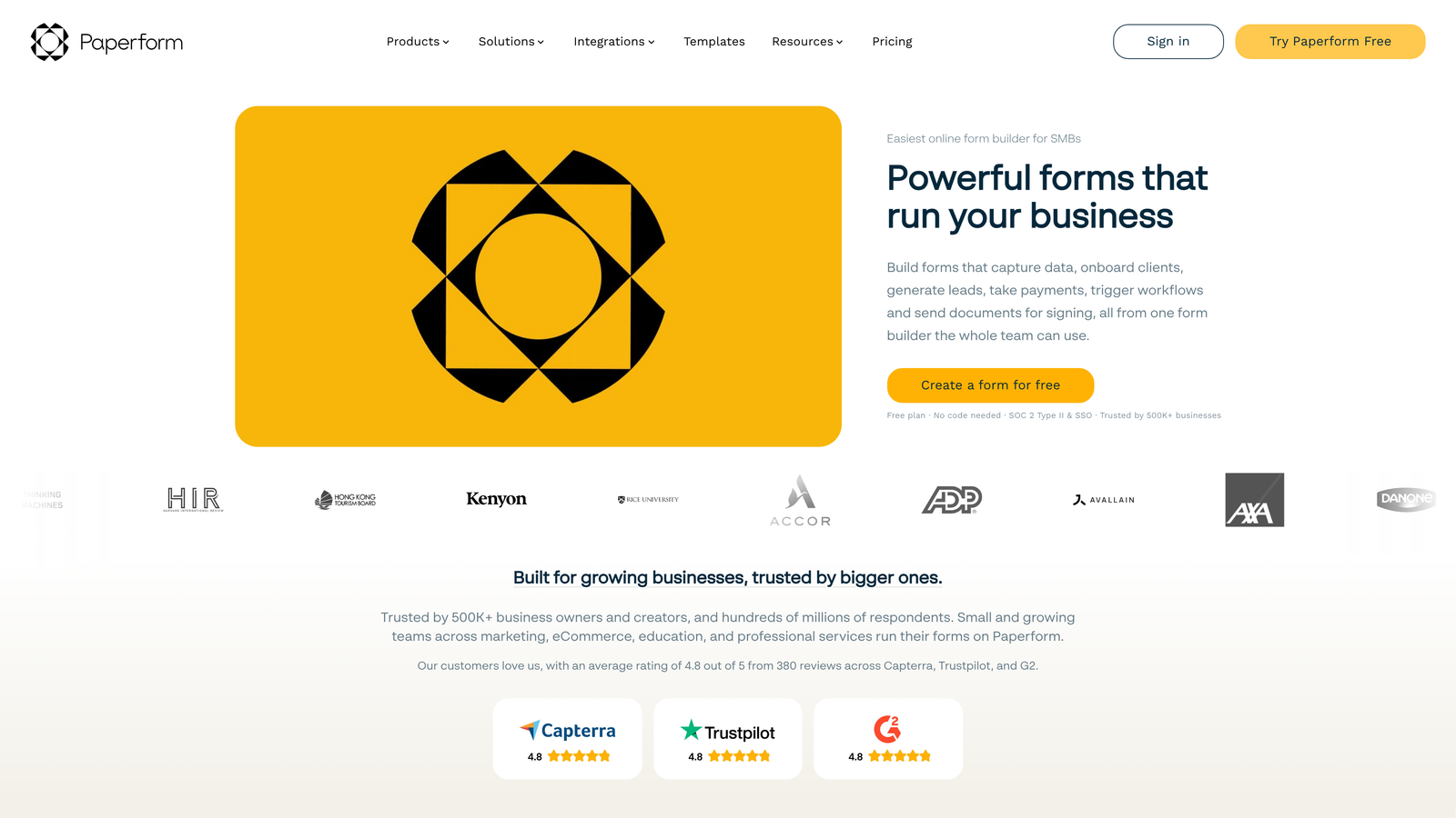 Screenshot of Paperform website
