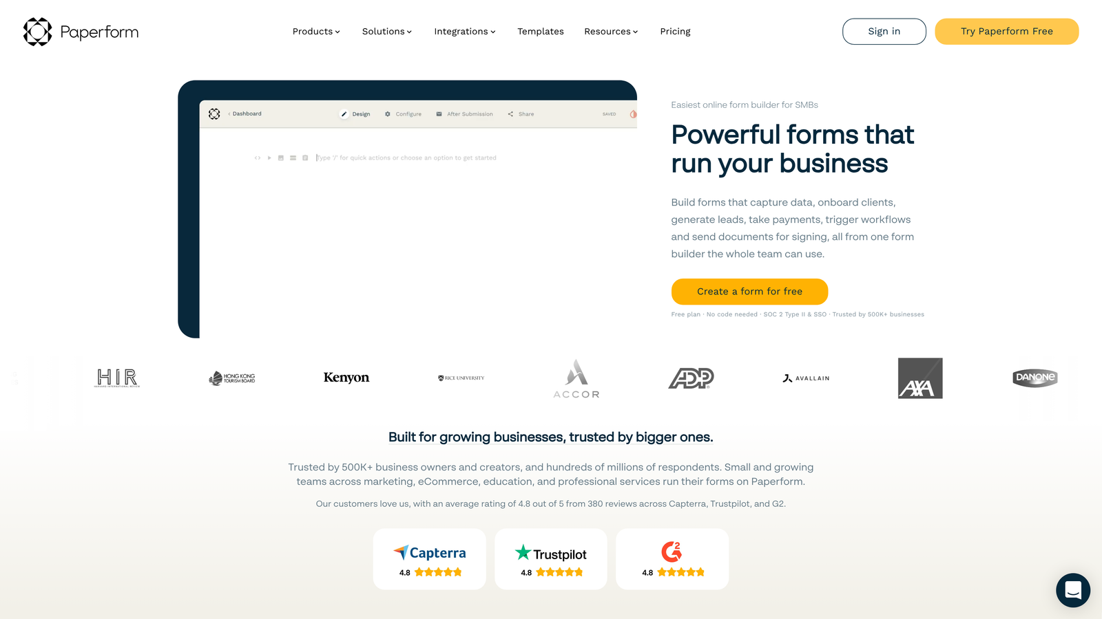 Screenshot of Paperform website