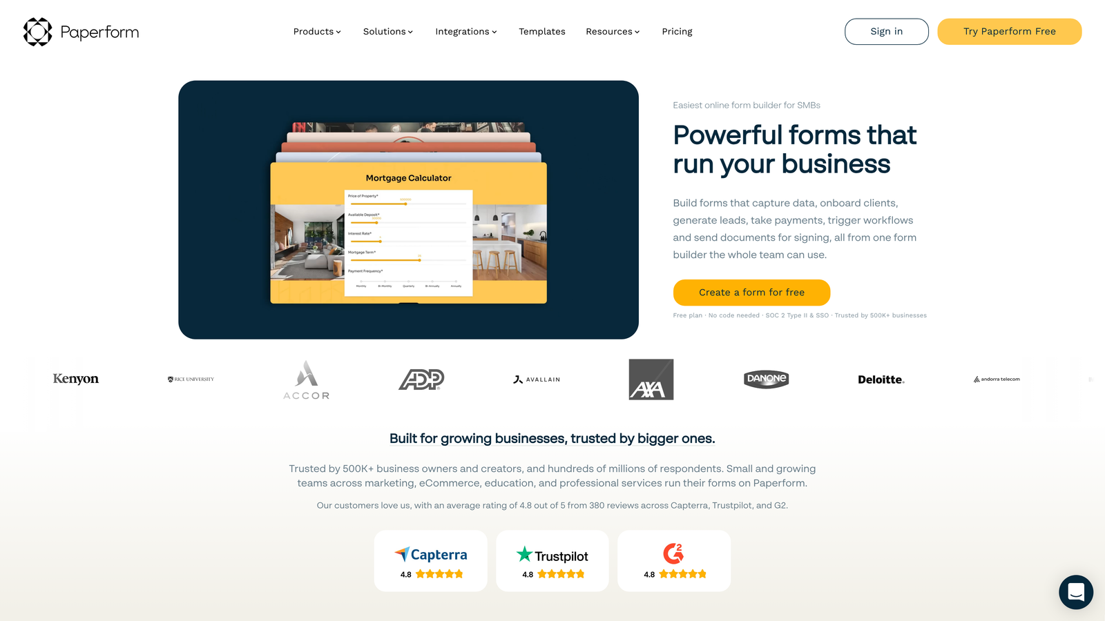 Screenshot of Paperform website