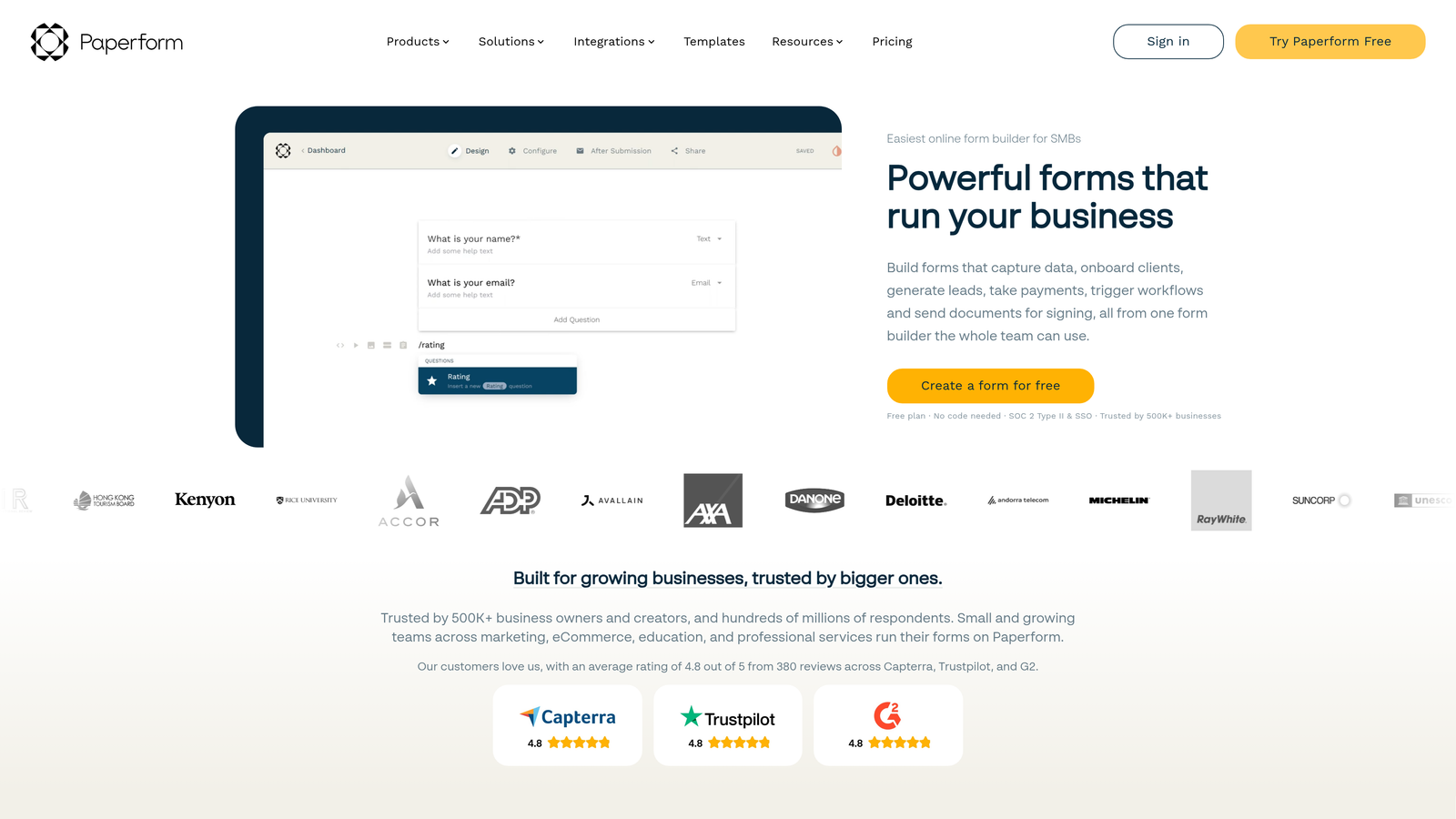 Screenshot of Paperform website