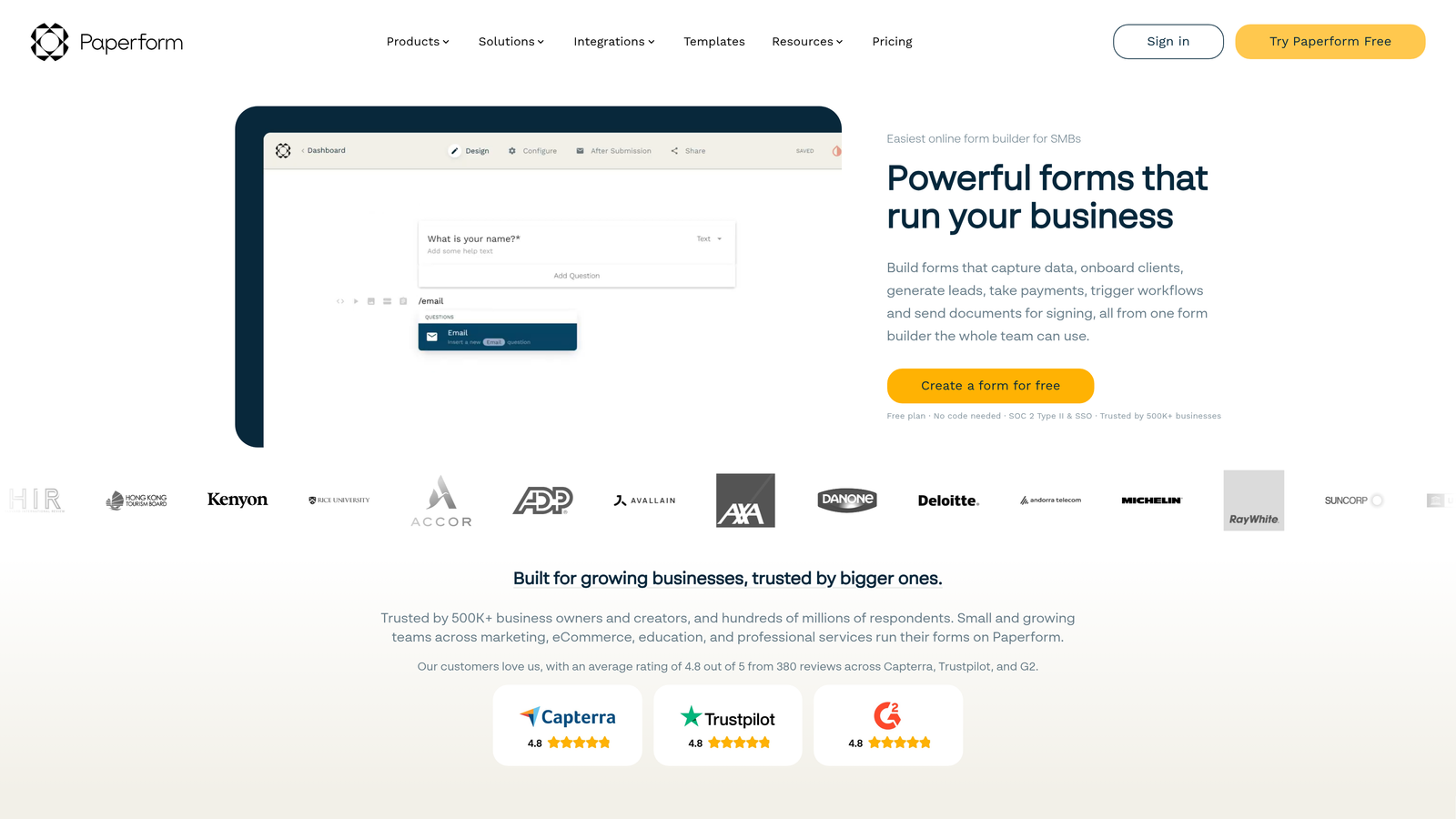 Screenshot of Paperform website