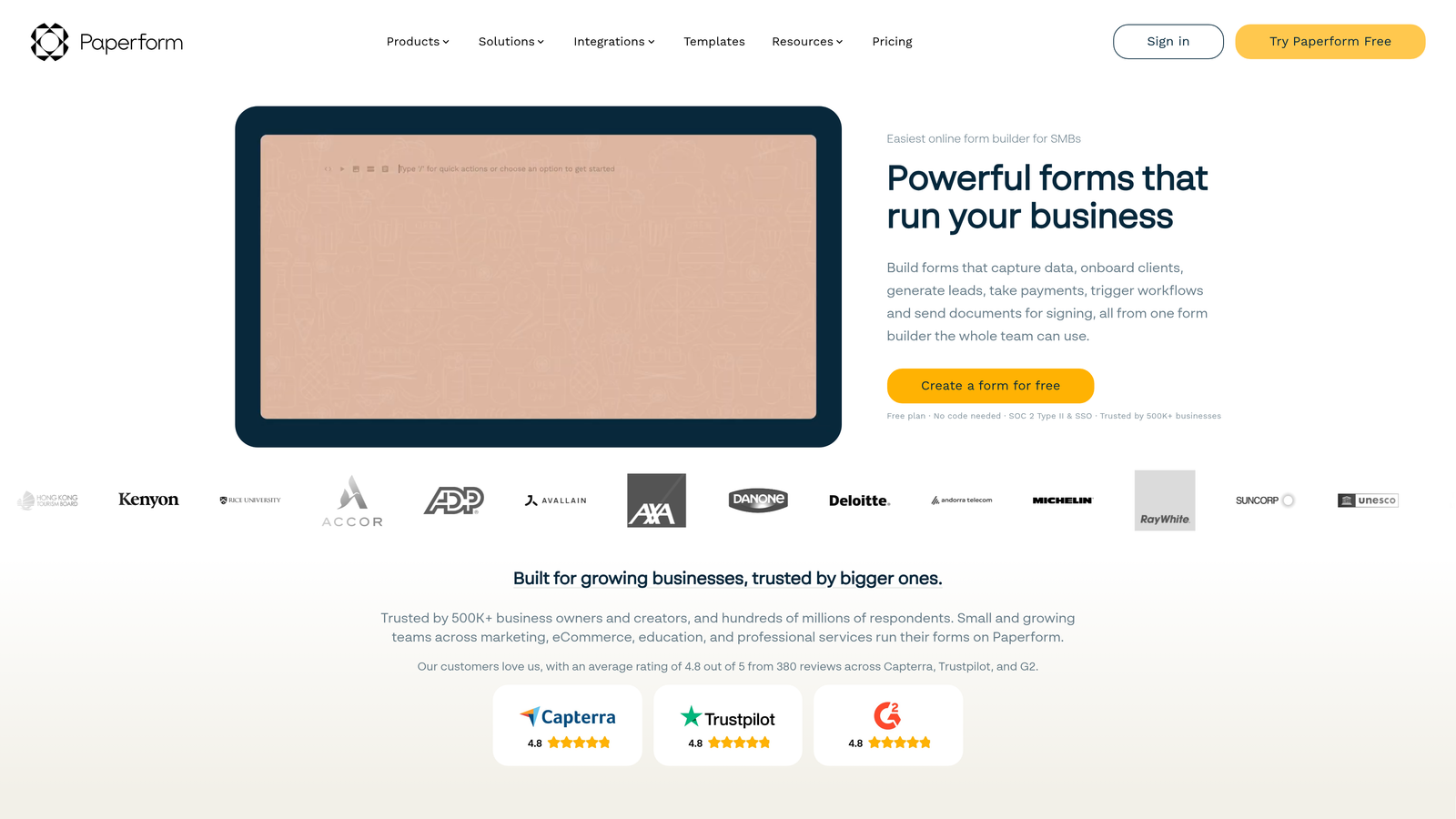 Screenshot of Paperform website