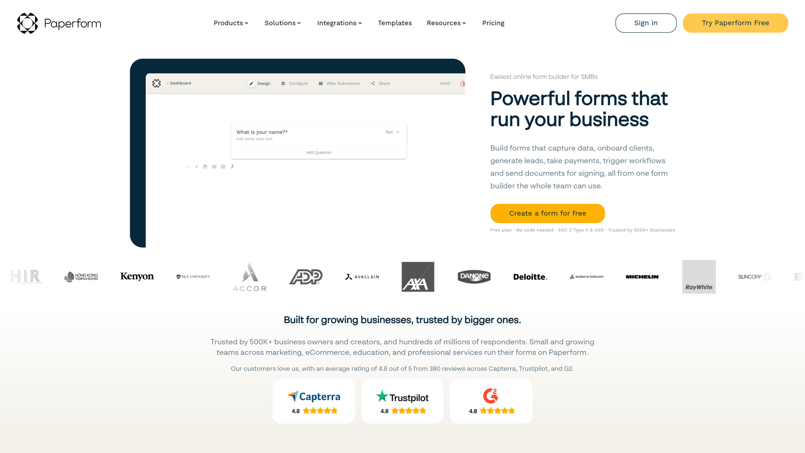 Screenshot of Paperform website