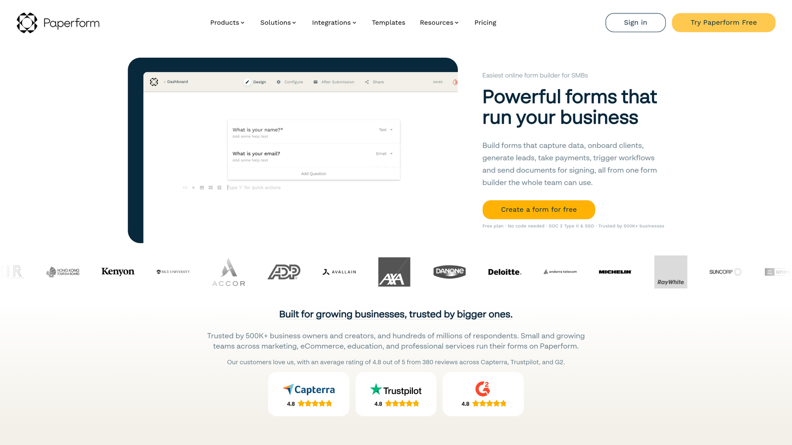 Screenshot of Paperform website