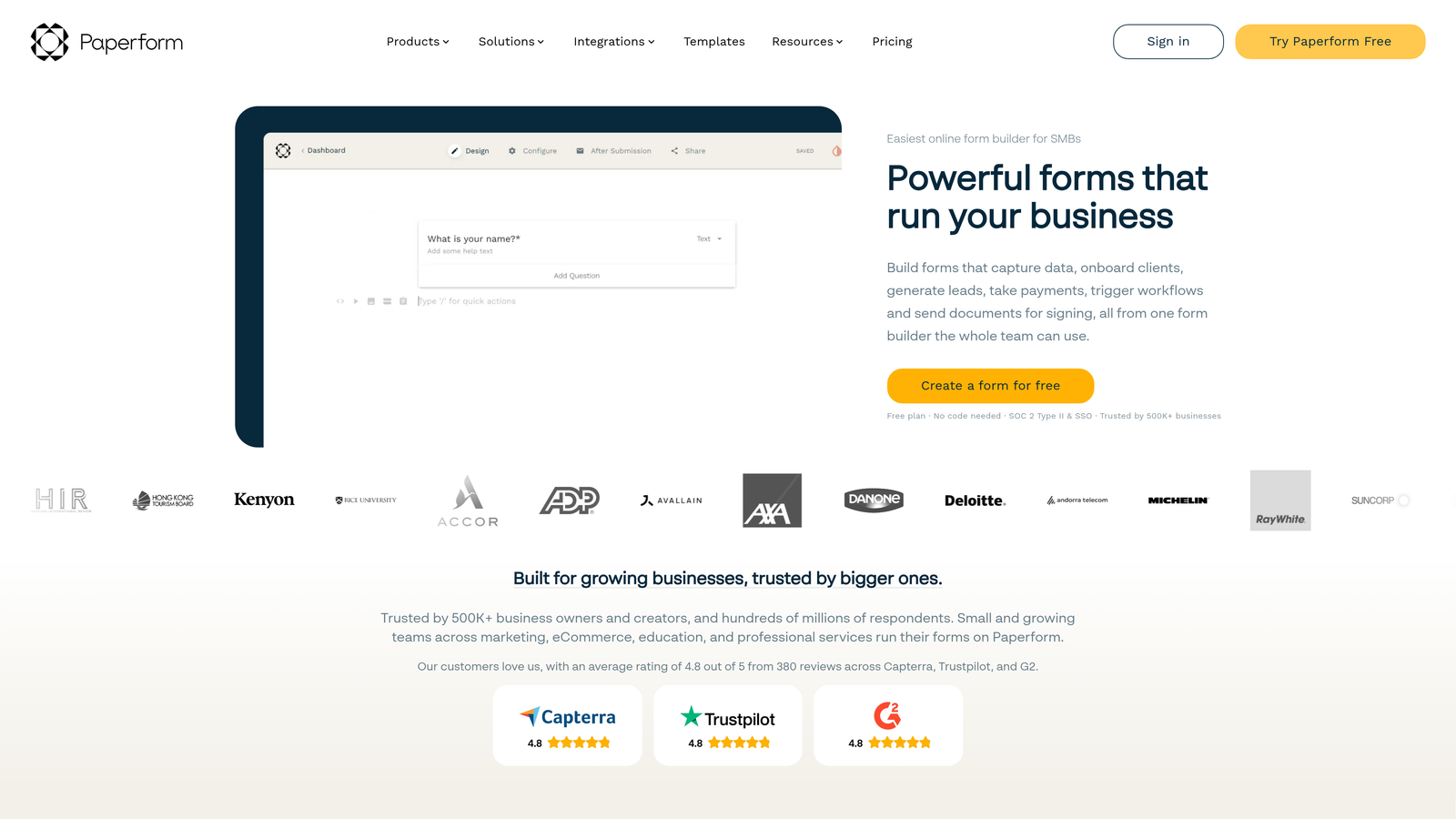 Screenshot of Paperform website