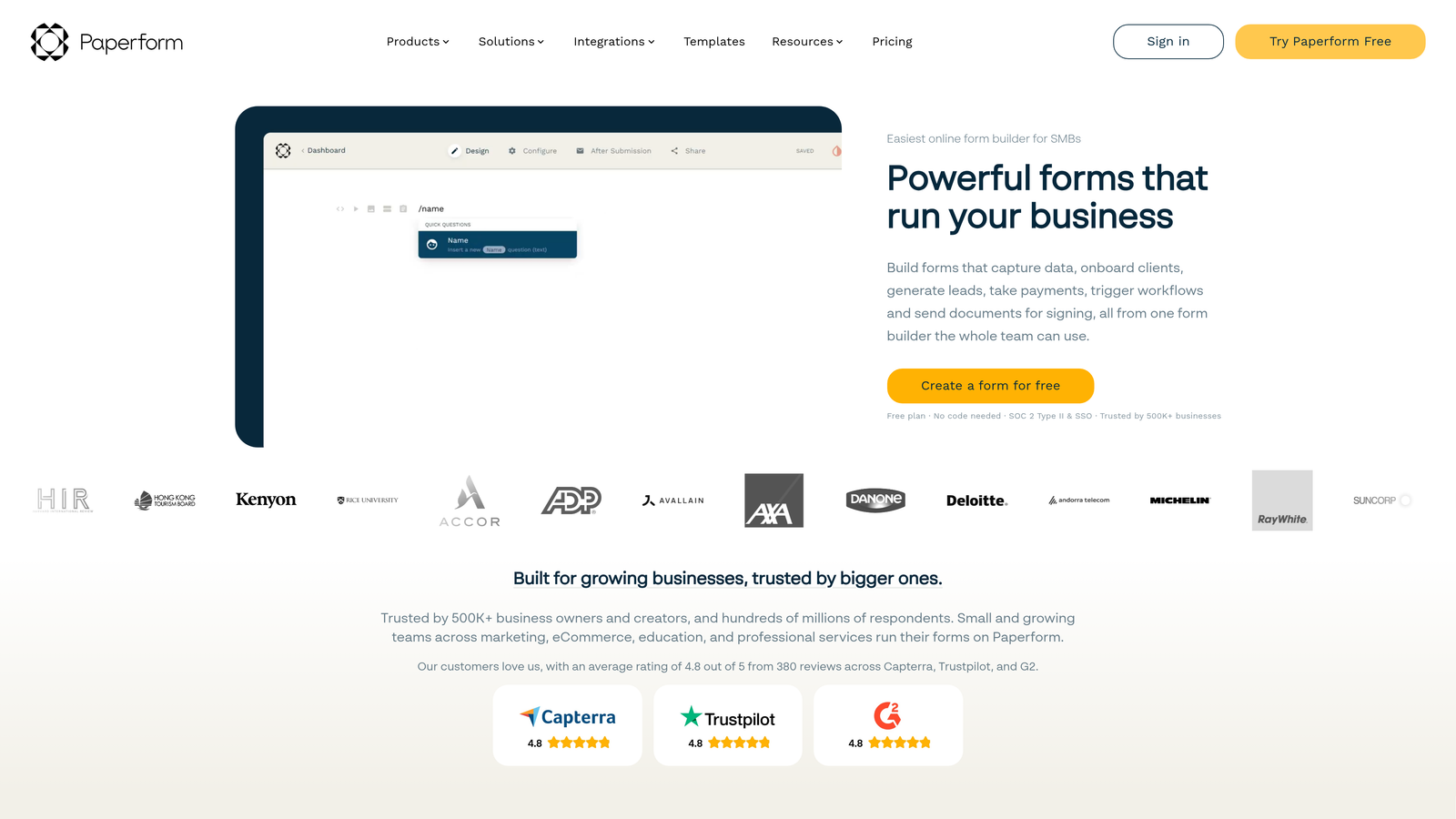 Screenshot of Paperform website