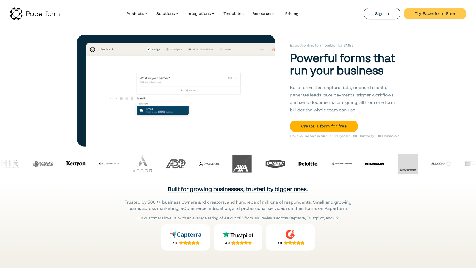 Screenshot of Paperform website