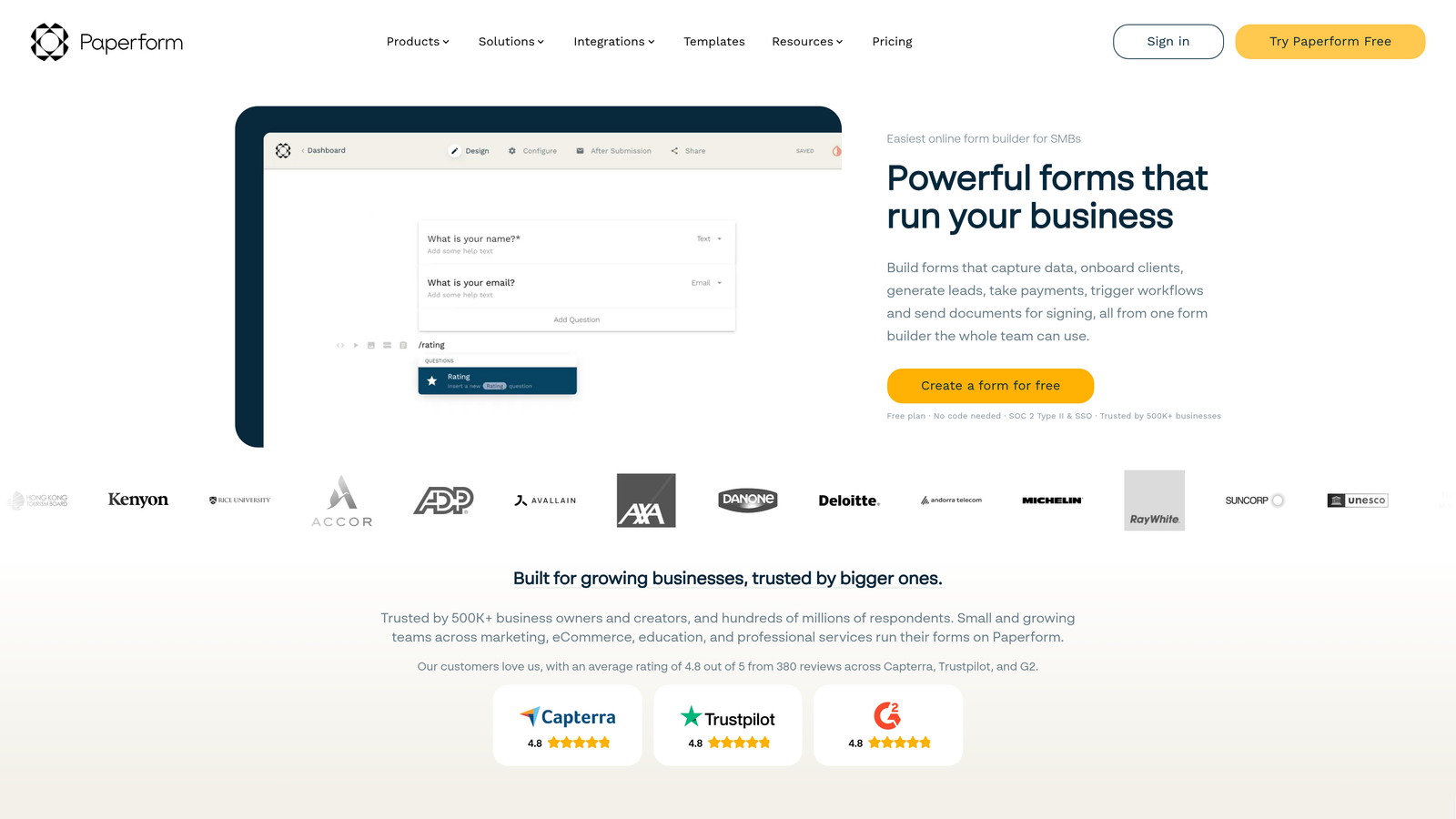 Screenshot of Paperform website