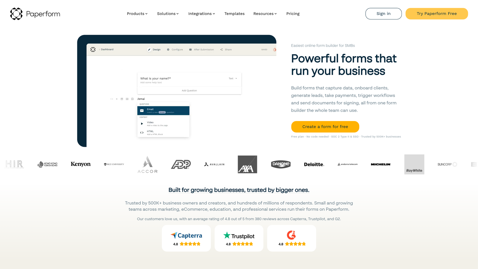 Screenshot of Paperform website