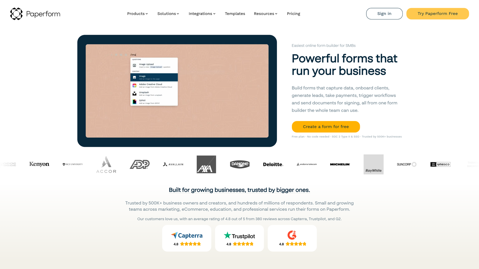 Screenshot of Paperform website