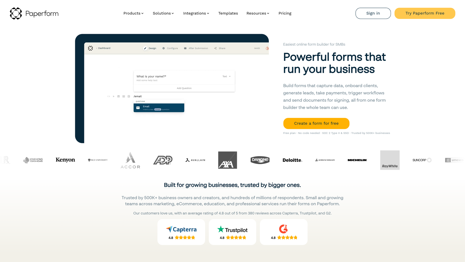Screenshot of Paperform website