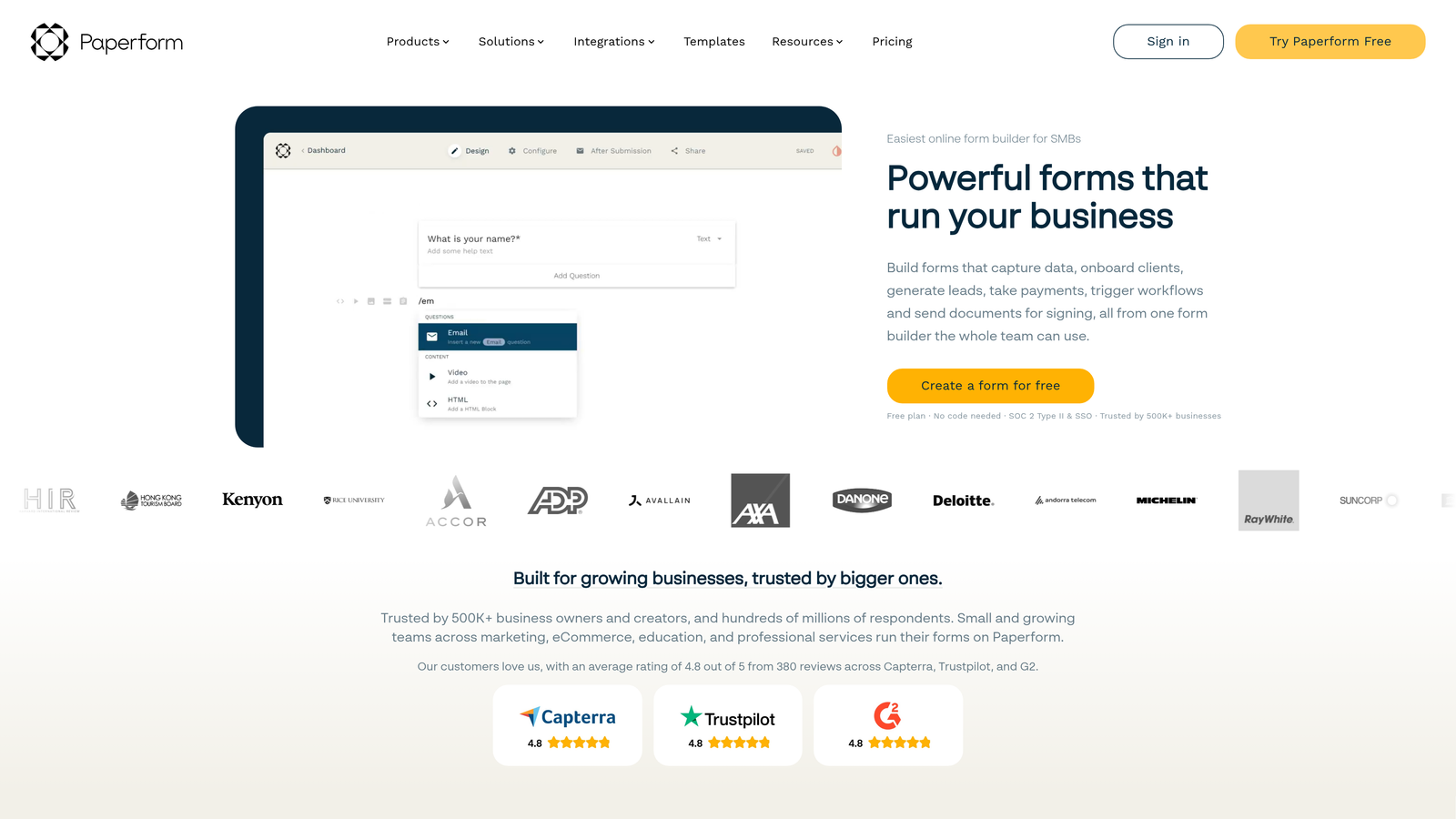 Screenshot of Paperform website