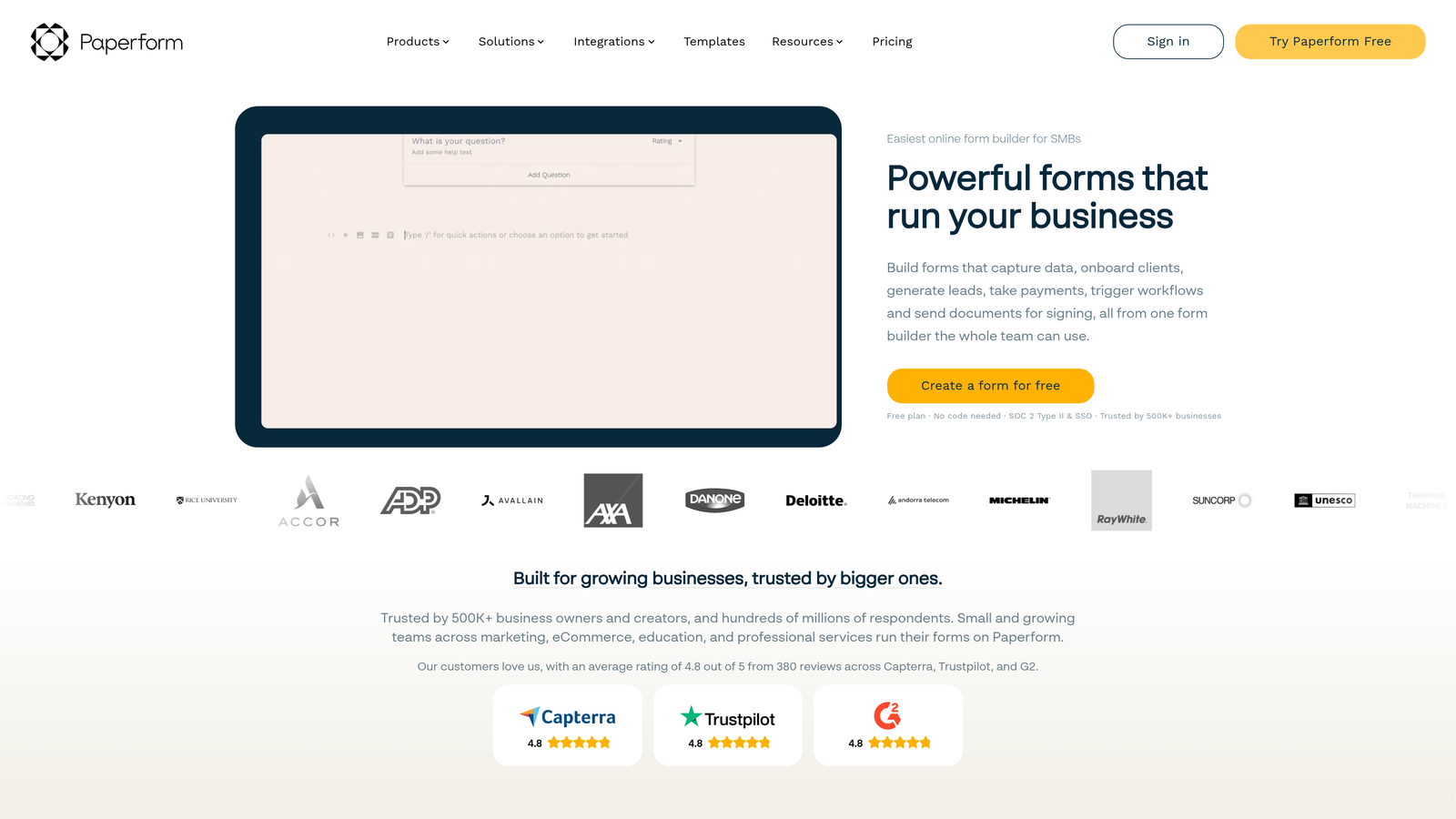 Screenshot of Paperform website