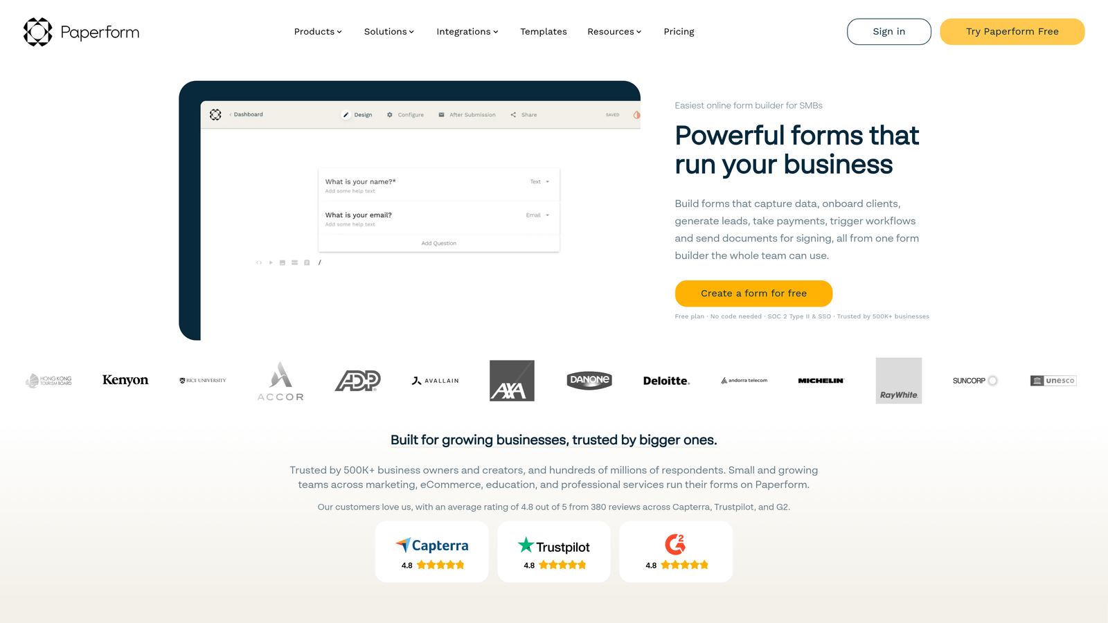 Screenshot of Paperform website