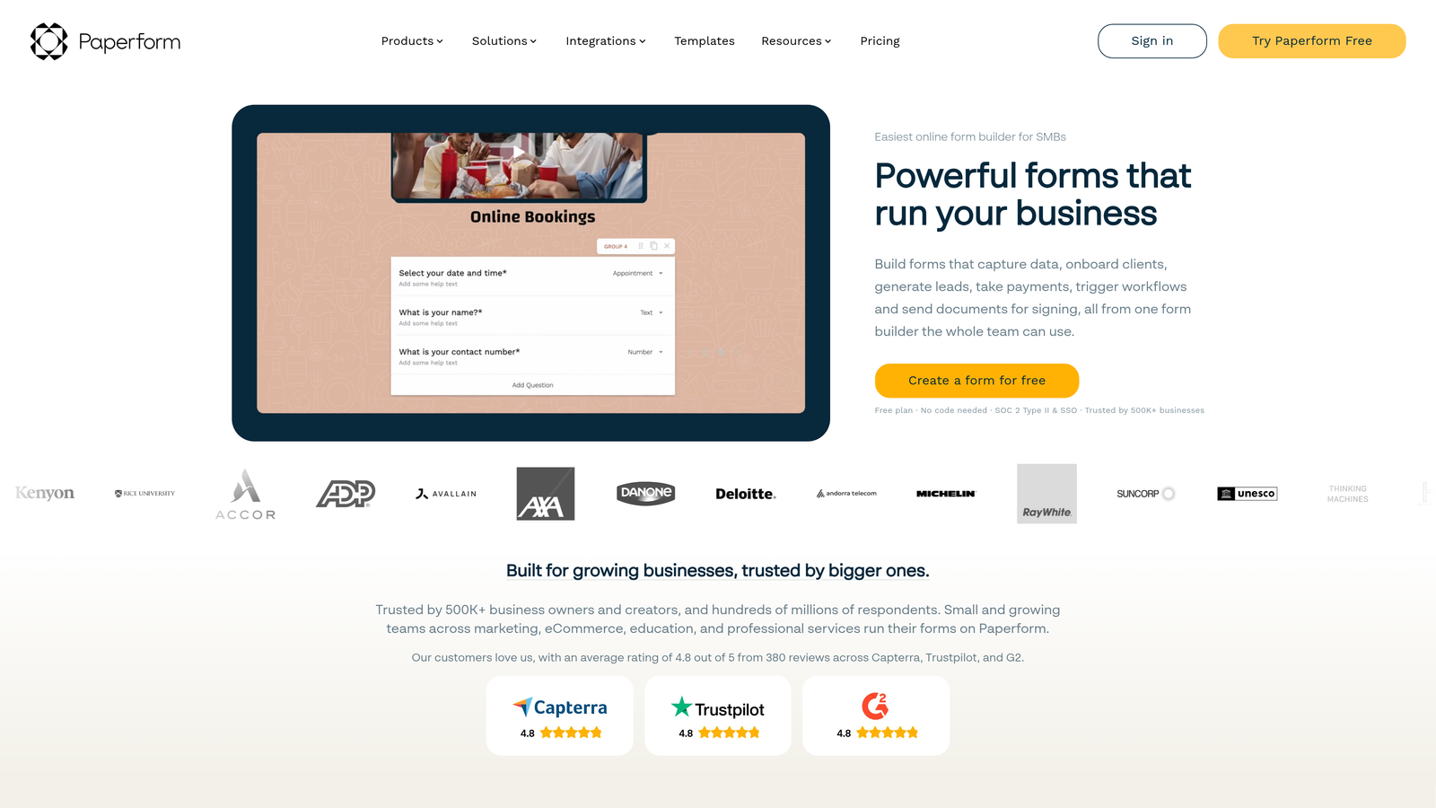 Screenshot of Paperform website