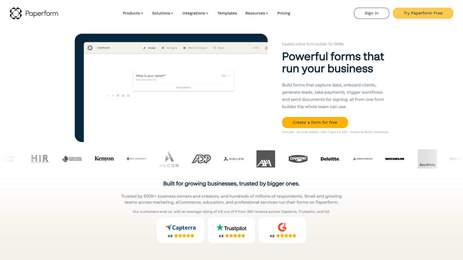 Screenshot of Paperform website