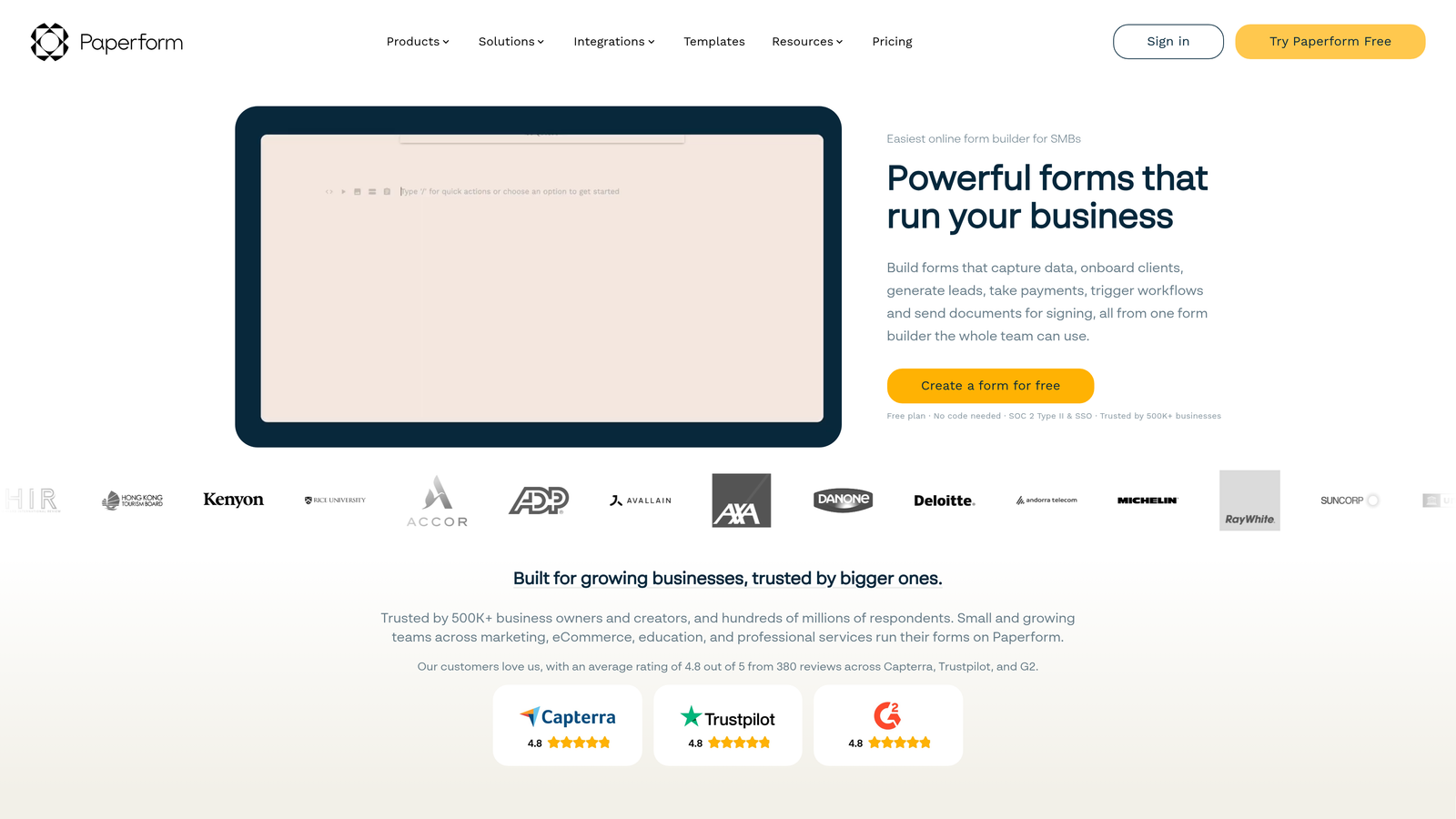 Screenshot of Paperform website