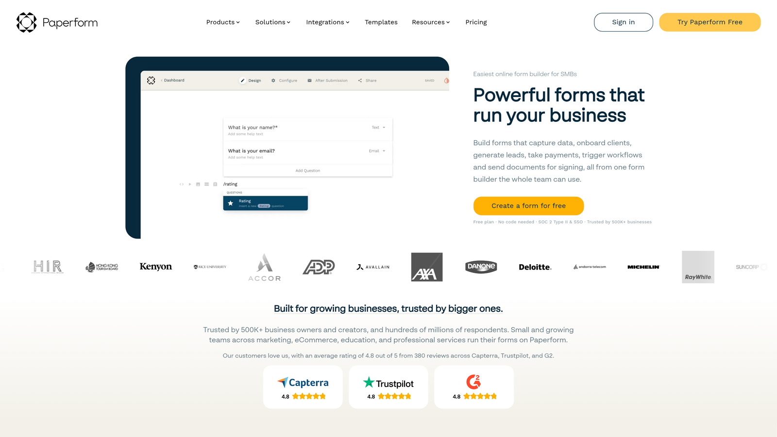 Screenshot of Paperform website