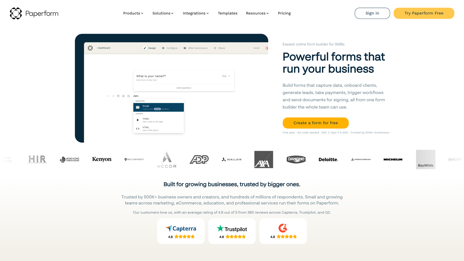 Screenshot of Paperform website