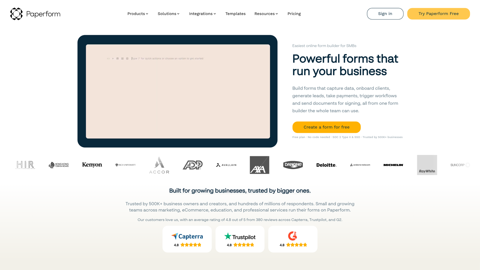 Screenshot of Paperform website