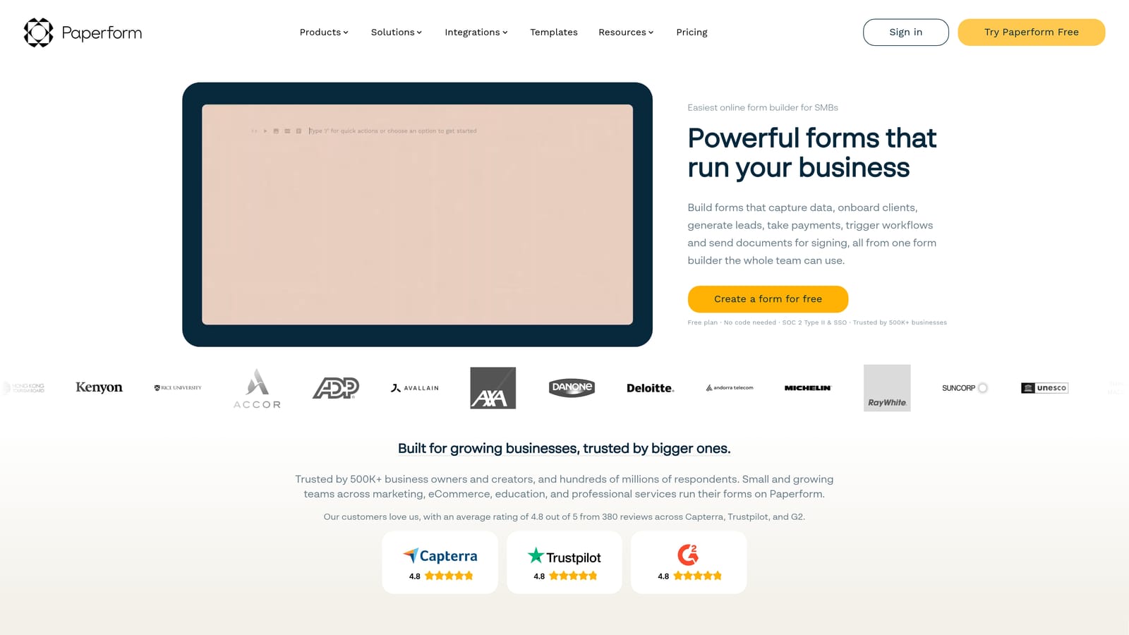 Screenshot of Paperform website