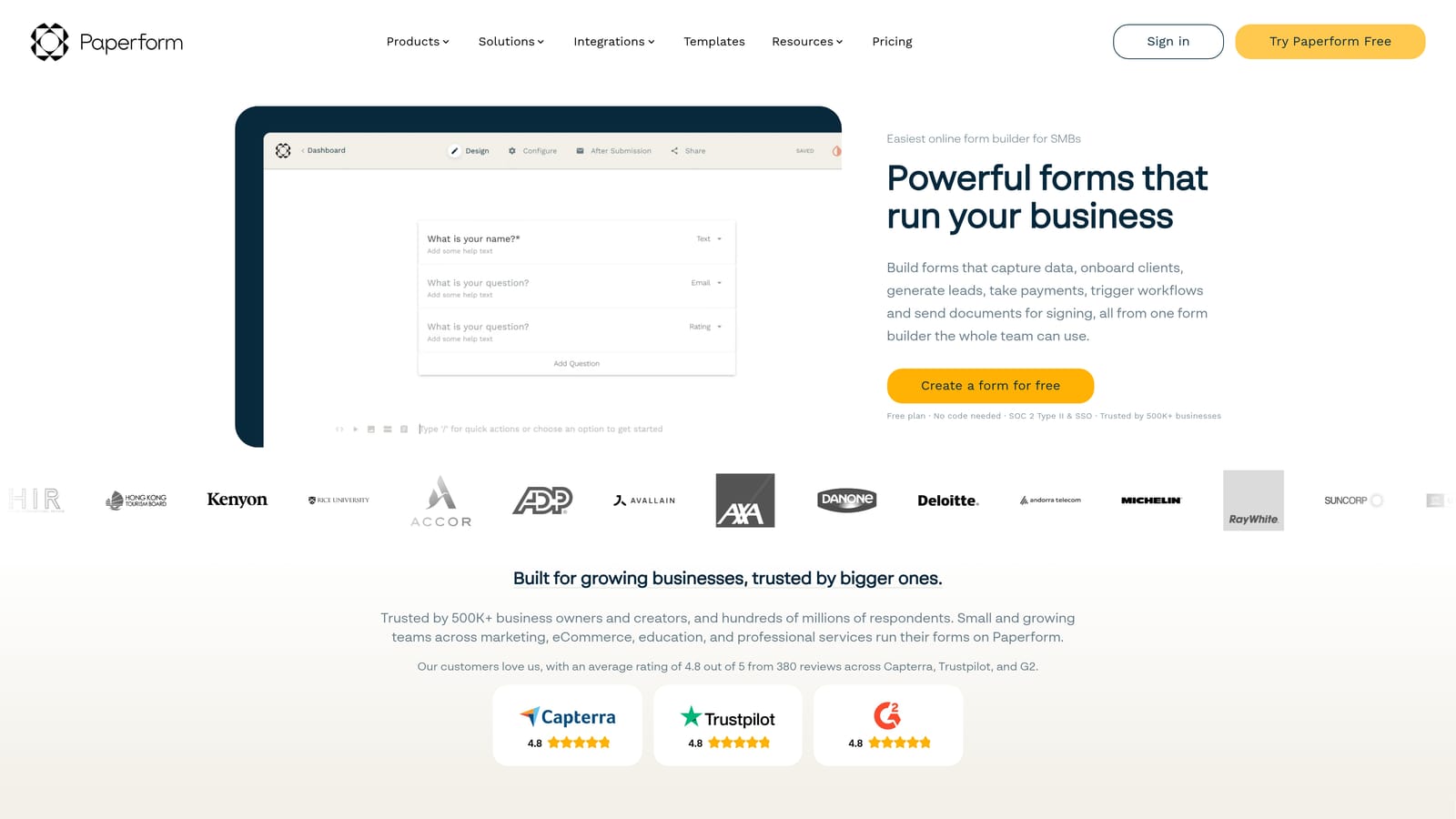 Screenshot of Paperform website
