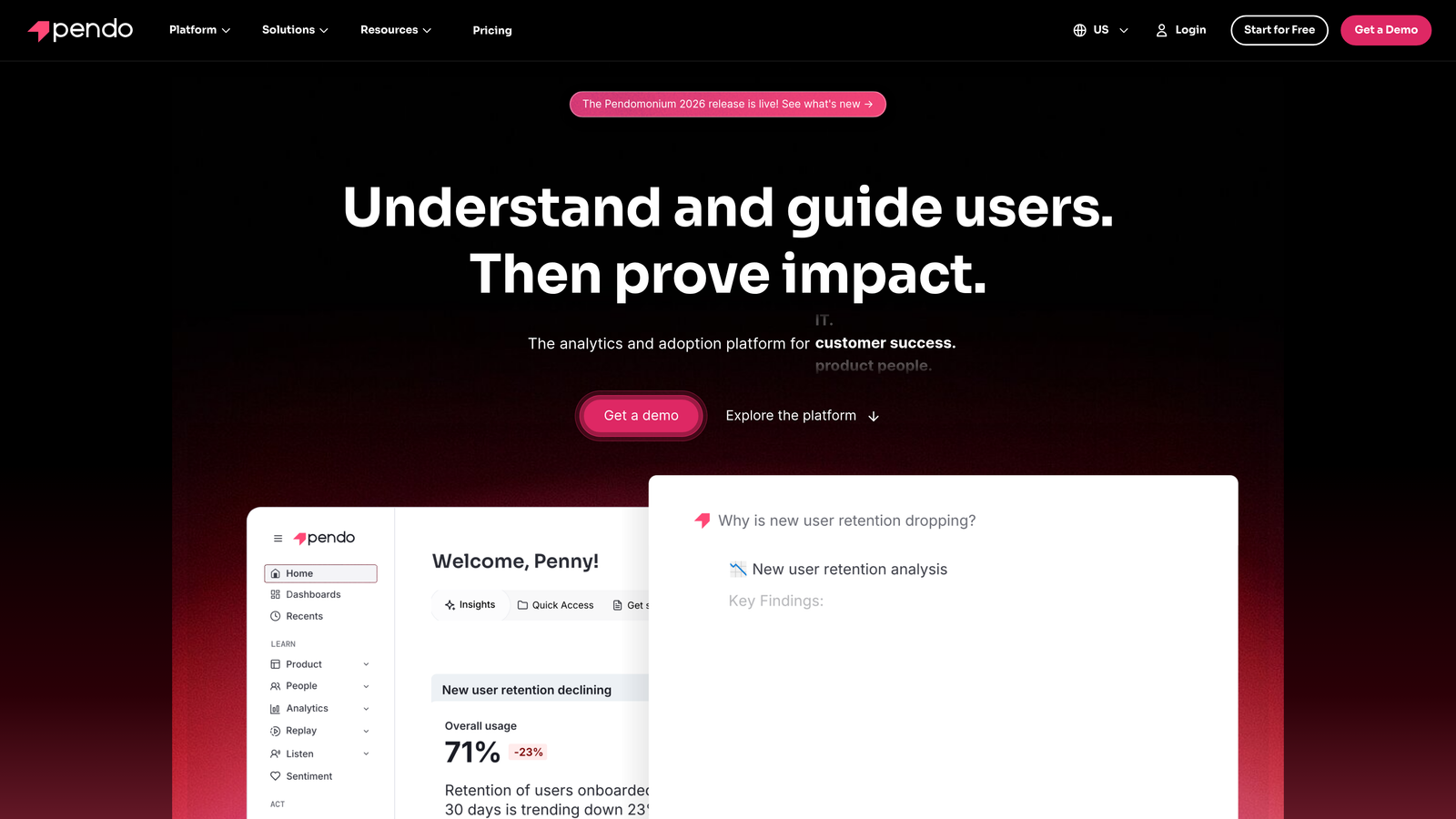 Screenshot of Pendo website