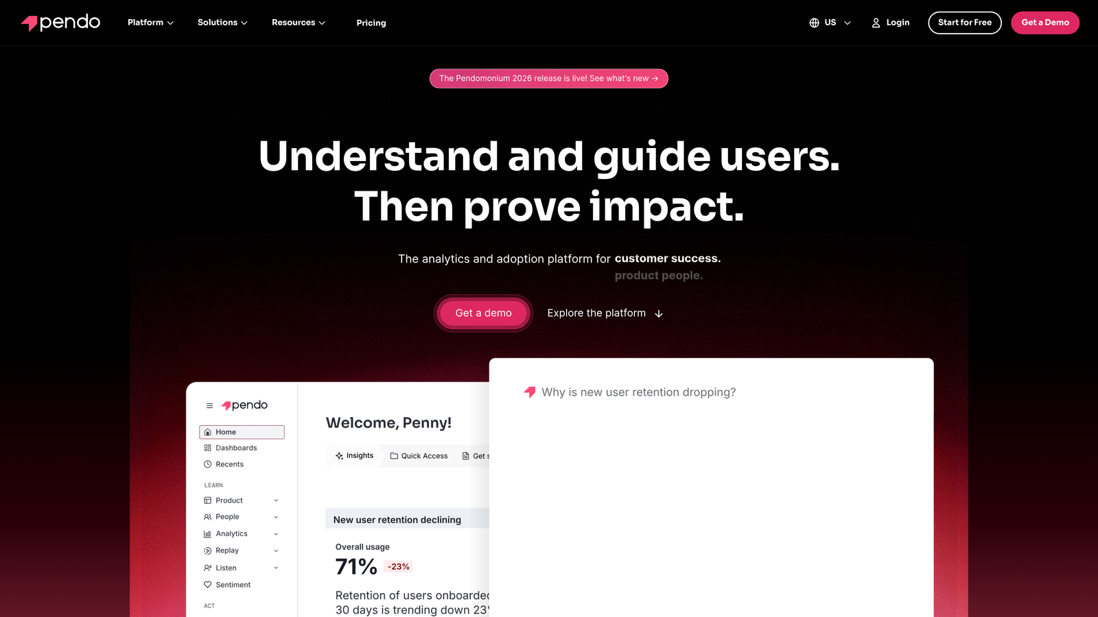 Screenshot of Pendo website