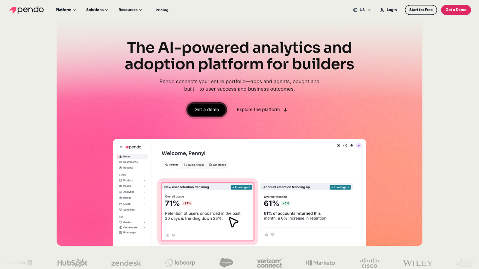Screenshot of Pendo website