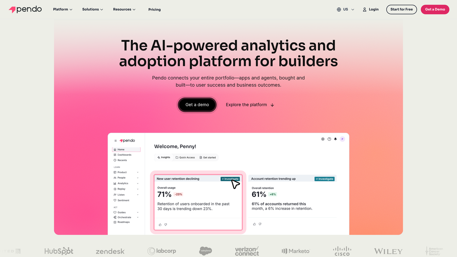 Screenshot of Pendo website