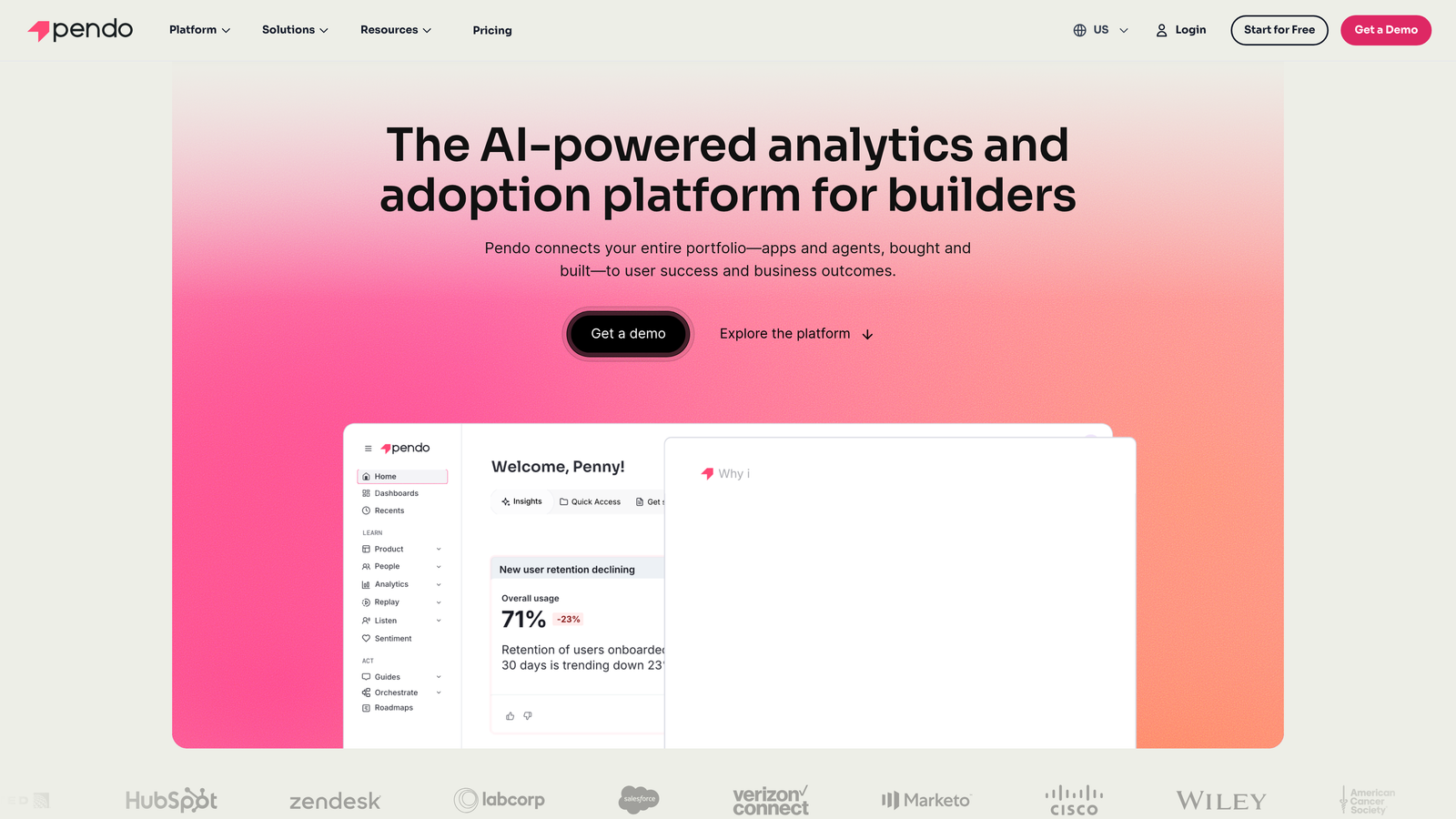Screenshot of Pendo website