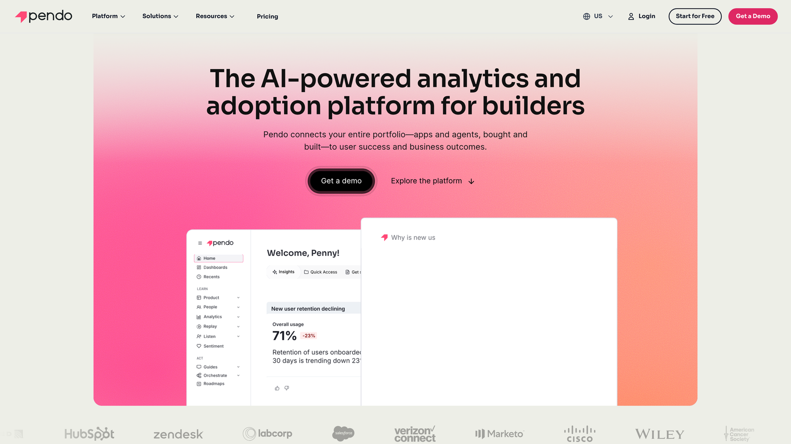 Screenshot of Pendo website