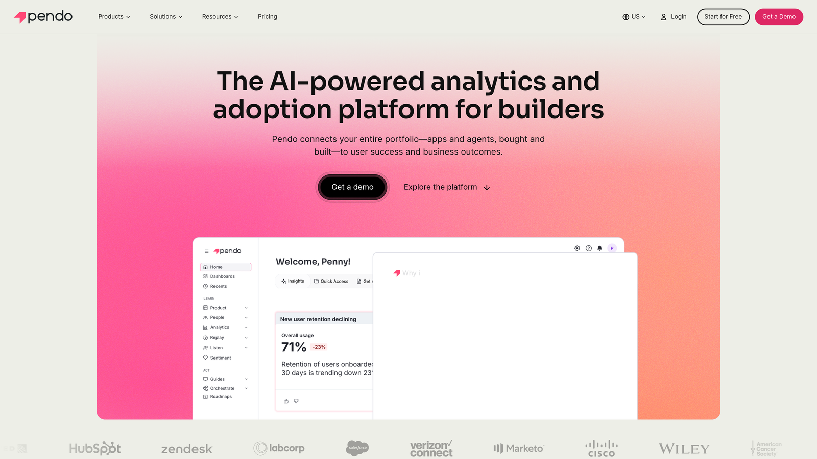 Screenshot of Pendo website