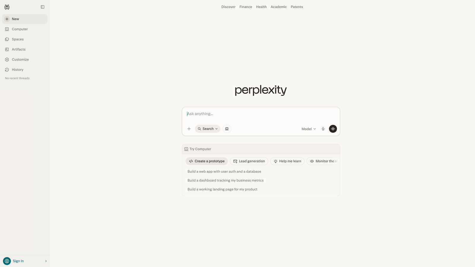 Screenshot of Perplexity AI website