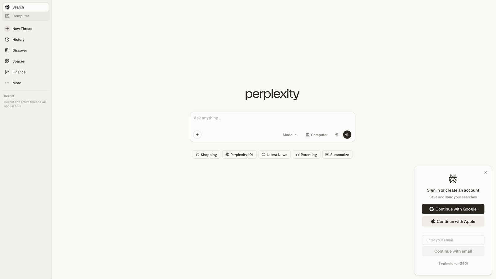 Screenshot of Perplexity website