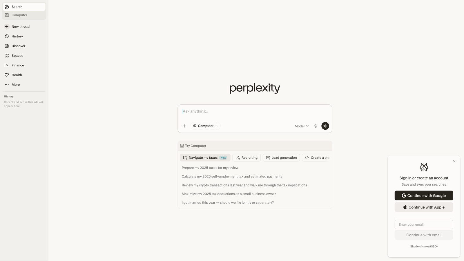 Screenshot of Perplexity website