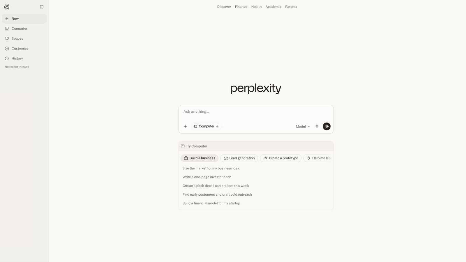Screenshot of Perplexity website