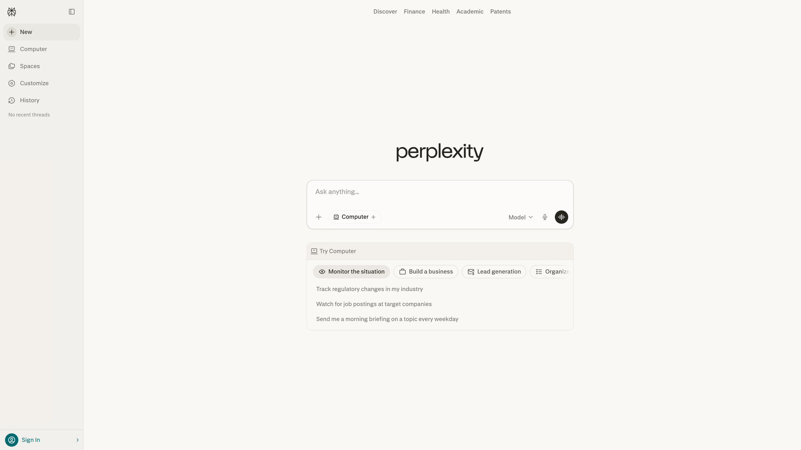 Screenshot of Perplexity website